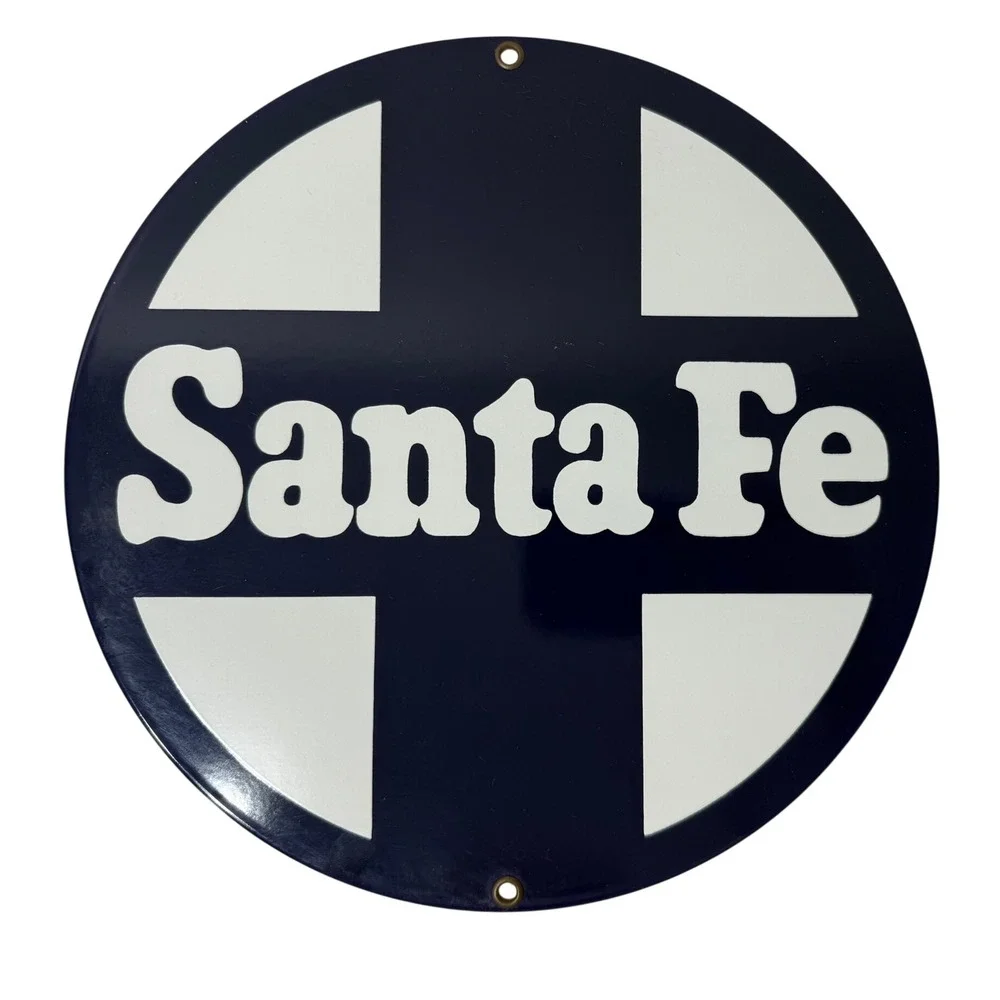 Ande Rooney Santa Fe Railway Porcelain Enamel Sign 9.5 Inch Round Made in USA